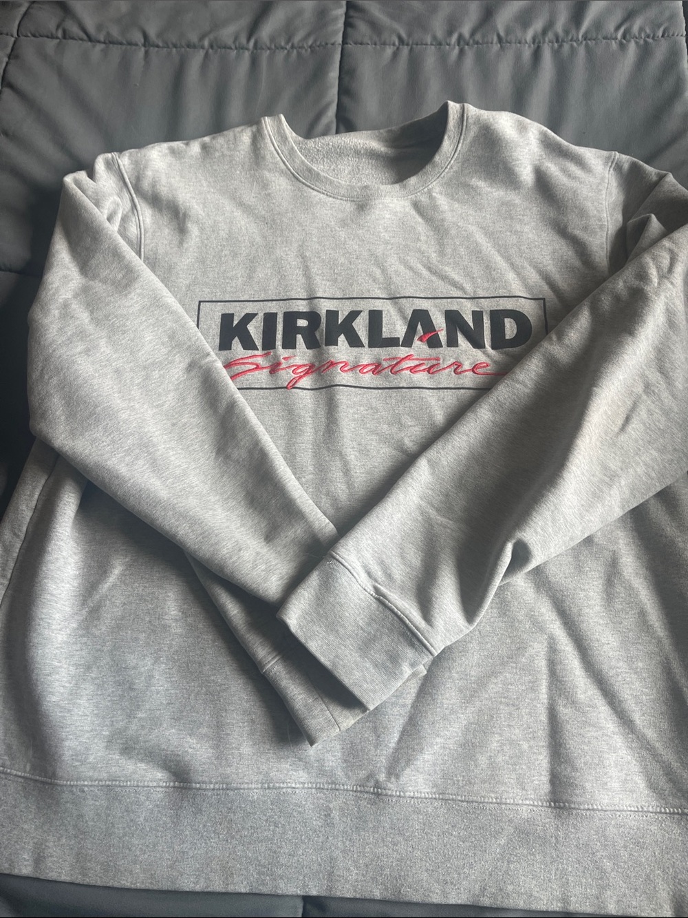 Kirkland Signature Light Gray Crewneck Sweatshirt with Black & Pink Logo